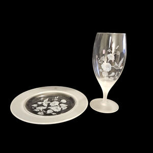 Avon Lead Crystal Hummingbird Goblet Plate Set France Etched Floral
